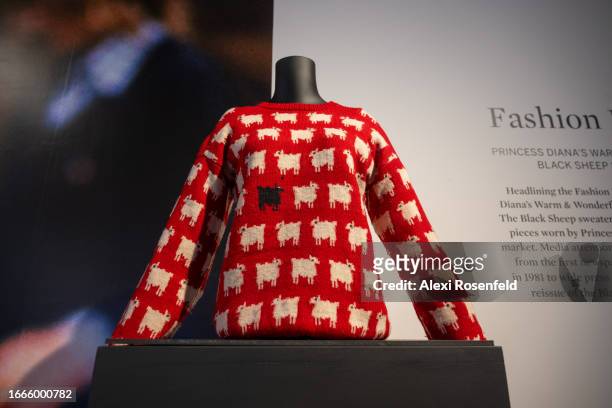Princess Diana’s Black Sheep Sweater is on display on the first day it is in New York at Sotheby's on September 07, 2023 in New York City. The...