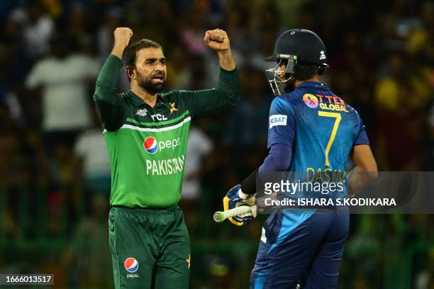 Pakistan's Iftikhar Ahmed celebrates after taking the wicket of Sri Lanka's Dasun Shanaka during the Asia Cup 2023 Super Four one-day international...