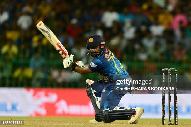 Sri Lanka's Charith Asalanka plays a shot during the Asia Cup 2023 Super Four one-day international cricket match between Sri Lanka and Pakistan at...