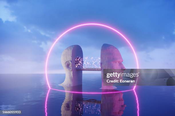 futuristic purple neon portal on the sea - in time stock pictures, royalty-free photos & images