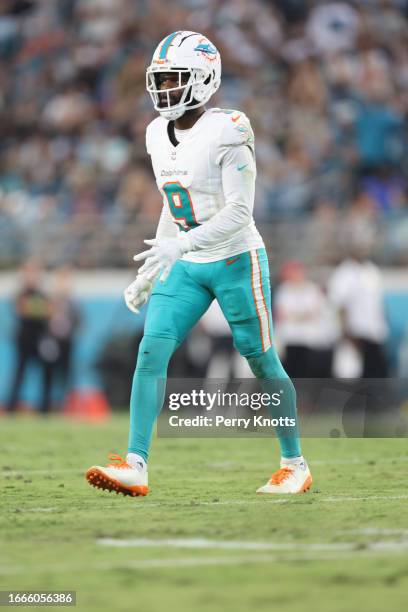 Noah Igbinoghene of the Miami Dolphins in coverage against the Jacksonville Jaguars during the first half at EverBank Stadium on Saturday, August 26,...