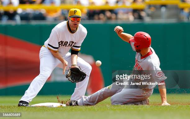 Chris Heisey of the Cincinnati Reds steals second base in front of Neil Walker of the Pittsburgh Pirates during the game on April 14, 2013 at PNC...