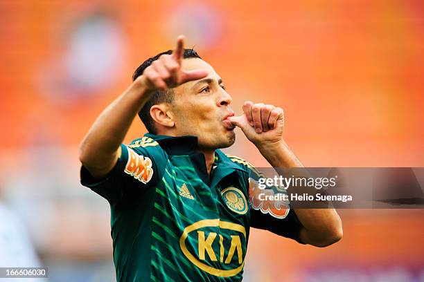 Leo Gago of Palmeiras celebrates a goal against Guarani during a match between Palmeiras and Guarani as part of Paulista Championship 2013 at...