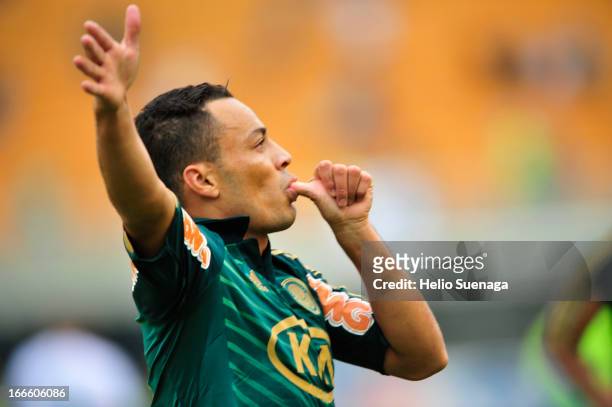Leo Gago of Palmeiras celebrates a goal against Guarani during a match between Palmeiras and Guarani as part of Paulista Championship 2013 at...