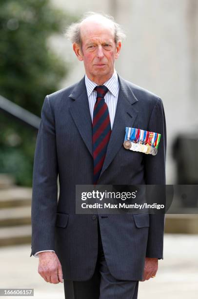 Prince Edward, Duke of Kent attends the Scots Guards Regimental Remembrance Sunday Service at the Guards Chapel, Wellington Barracks on April 14,...