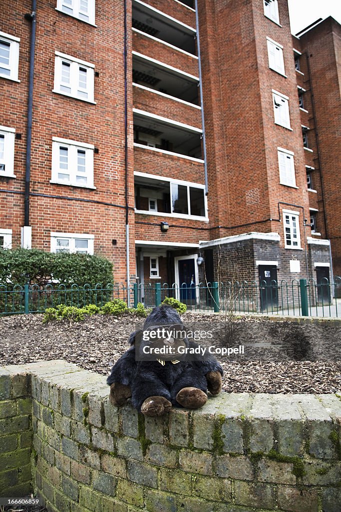 Toy gorilla outside housing estate