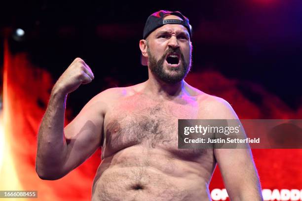 Tyson Fury reacts during a Tyson Fury v Francis Ngannou Press Conference at HERE on September 07, 2023 in London, England.