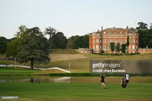 Cloe Frankish of England plays her third shot on the eighteenth hole during the Round 1 of The Rose Ladies Series 2023 at Brocket Hall Golf Club on...