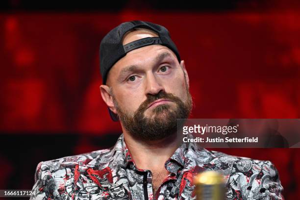 Tyson Fury speaks during a Tyson Fury v Francis Ngannou Press Conference at HERE on September 07, 2023 in London, England.