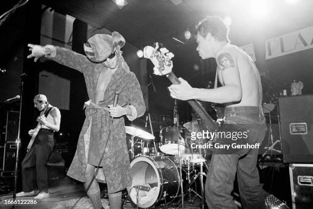 Members of American Rock group Red Hot Chili Peppers perform onstage at Irving Plaza, New York, New York, August 4, 1984. Pictured are, from left,...