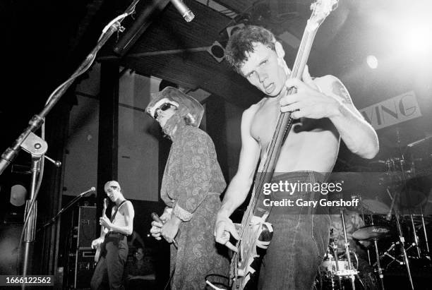 Members of American Rock group Red Hot Chili Peppers perform onstage at Irving Plaza, New York, New York, August 4, 1984. Pictured are, from left,...