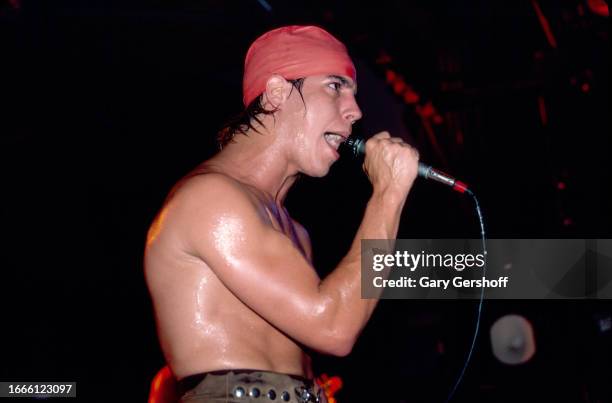 American Rock singer Anthony Kiedis, of the group Red Hot Chili Peppers, performs onstage at Irving Plaza, New York, New York, August 4, 1984.