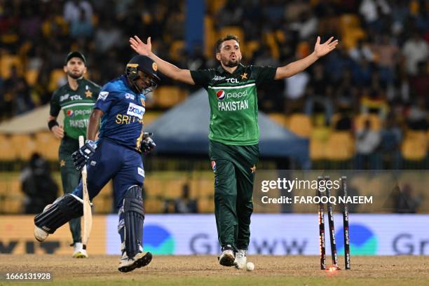 Pakistan's Zaman Khan celebrates after taking wicket of Sri Lanka's Pramod Madushan during the Asia Cup 2023 Super Four one-day international cricket...