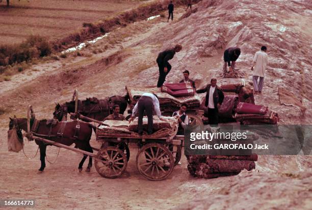 The Iranian Rugs. En Iran, à côté de piles de tapis posées sur un sol rocheux, vue en plongée d'un groupe d'hommes autour de chariots chargés de...
