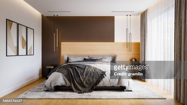 modern bedroom architecture - bright bedroom stock pictures, royalty-free photos & images