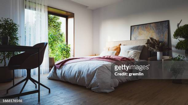 simple modern bedroom - minimalist bedroom desk stock pictures, royalty-free photos & images