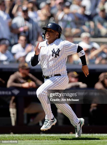 Willie Calhoun of the New York Yankees in action against the San Diego Padres at Yankee Stadium on May 28, 2023 in Bronx, New York. The Yankees...