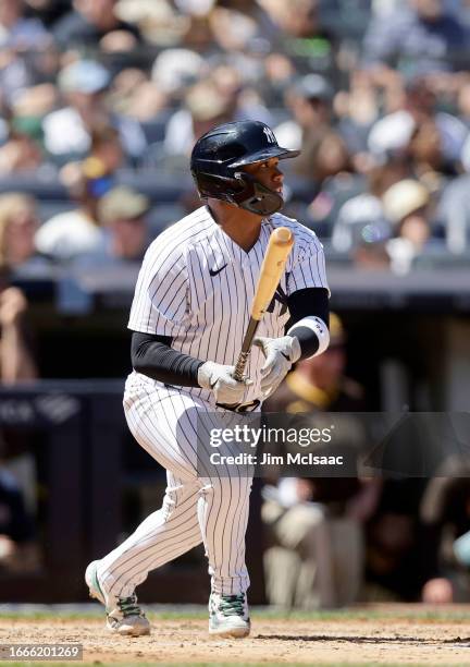 Willie Calhoun of the New York Yankees in action against the San Diego Padres at Yankee Stadium on May 28, 2023 in Bronx, New York. The Yankees...