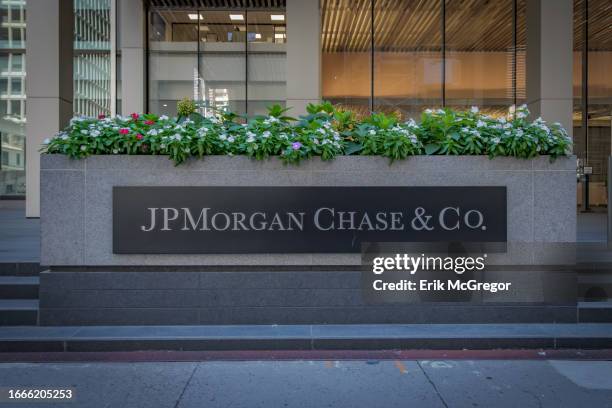 Marquee at the main entrance to JPMorgan Chase headquarters building in Manhattan.