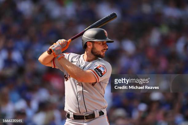 Paul DeJong of the San Francisco Giants at bat against the Chicago Cubs during the seventh inning at Wrigley Field on September 06, 2023 in Chicago,...