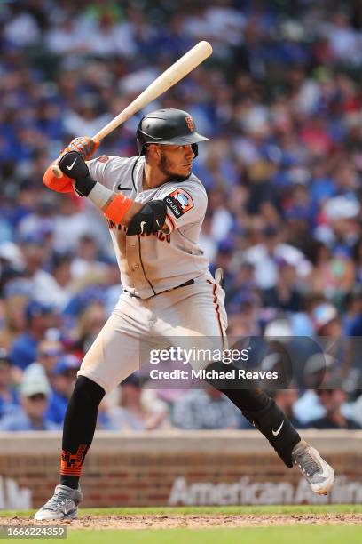 Thairo Estrada of the San Francisco Giants at bat against the Chicago Cubs at Wrigley Field on September 06, 2023 in Chicago, Illinois.