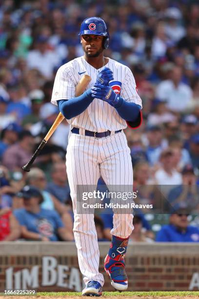 Alexander Canario of the Chicago Cubs at bat during his MLB debut against the San Francisco Giants during the eighth inning at Wrigley Field on...