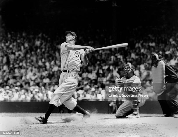 First baseman Hank Greenberg of the Detroit Tigers swings at a pitch. Greenberg is a member of the Baseball Hall of Fame.
