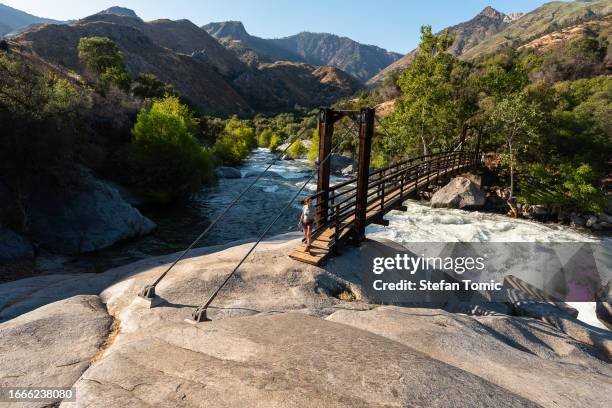 girl on the hanging bridge at potwisha campground, in sequoia national park, california - sequoia national park stock pictures, royalty-free photos & images