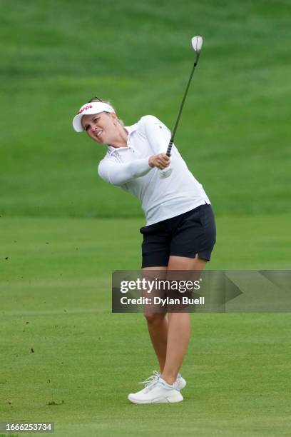 Nanna Koerstz Madsen of Denmark plays an approach shot on the 12th hole during the first round of the Kroger Queen City Championship presented by P&G...