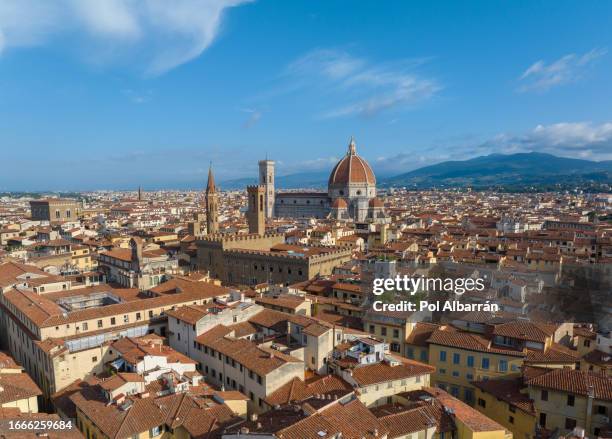 aerial view of the florence cathedral, cattedrale di santa maria del fiore in firenze, florence, italy on a sunny day - fiore di campo fotografías e imágenes de stock