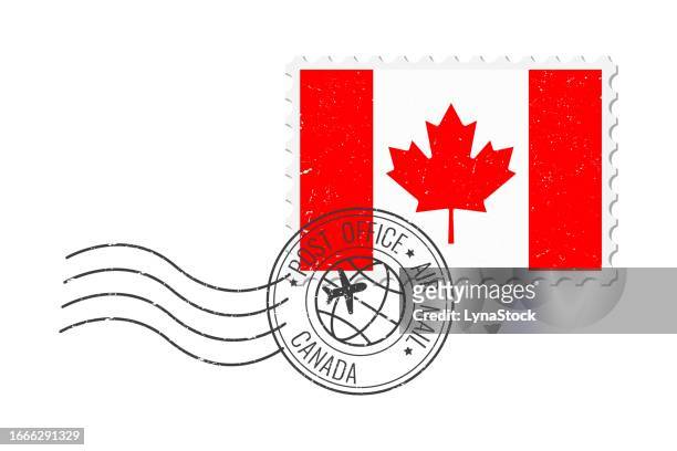 kanada-grunge-briefmarke. weinlese-postkartenvektorillustration mit kanadischer nationalflagge isoliert auf weißem hintergrund. retro-stil. - mail stock illustrations stock-grafiken, -clipart, -cartoons und -symbole