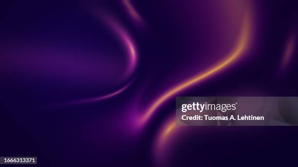abstract flowing liquid wavy curved purple and yellow shapes on dark purple background. - lila hintergrund stock-fotos und bilder
