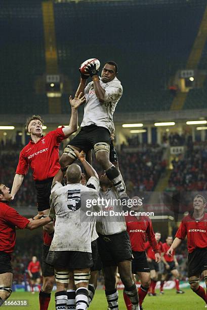 Apisai Naevo of Fiji rises highest during the International Friendly match between Wales and Fiji held on November 9, 2002 at the Millennium Stadium,...