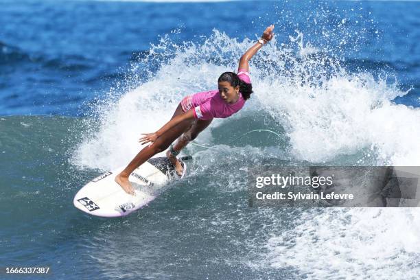 Kohai Fierro in action during the 7th edition of Roxy Vahine Cup of surf on August 26, 2023 in Papara, Tahiti, French Polynesia.