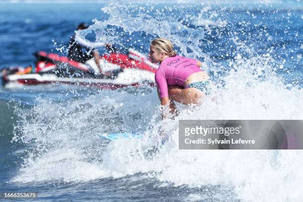 Surfer Kahili Simon in action during the 7th edition of Roxy Vahine Cup of surf on August 27, 2023 in Papara, Tahiti, French Polynesia.