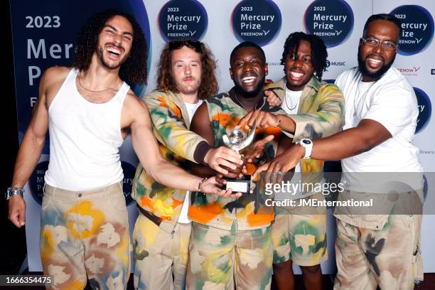 Ezra Collective pose with Mercury Prize 2023 after The Mercury Prize 2023 awards show at Eventim Apollo on September 07, 2023 in London, England.