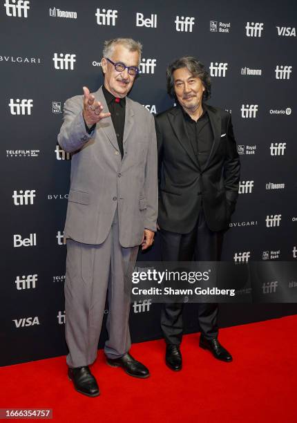 Wim Wenders and Kōji Yakusho attend the "Perfect Days" premiere during the 2023 Toronto International Film Festival at TIFF Bell Lightbox on...