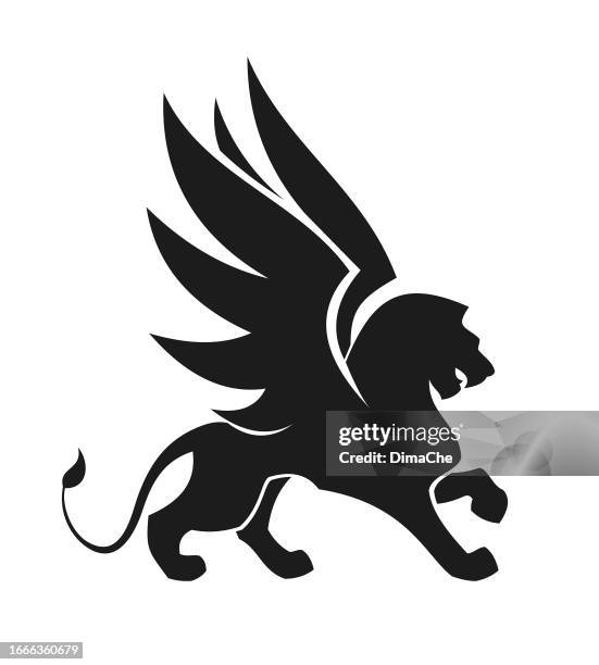 illustrations, cliparts, dessins animés et icônes de lion avec des ailes. silhouette découpée de lion ailé - monarque rôle social