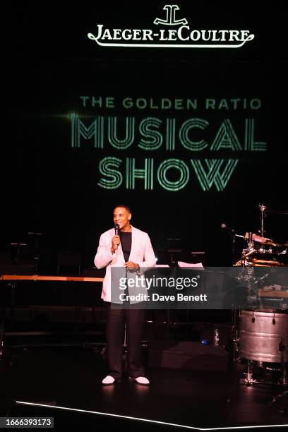 Reggie Yates speaks on stage at the launch of the Golden Ratio Musical Show hosted by Jaeger-LeCoultre at Battersea Power station on September 14,...