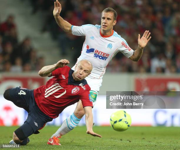 Florent Balmont of Lille and Benoit Cheyrou of Marseille in action during the Ligue 1 match between Lille OSC, LOSC and Olympique de Marseille, OM,...