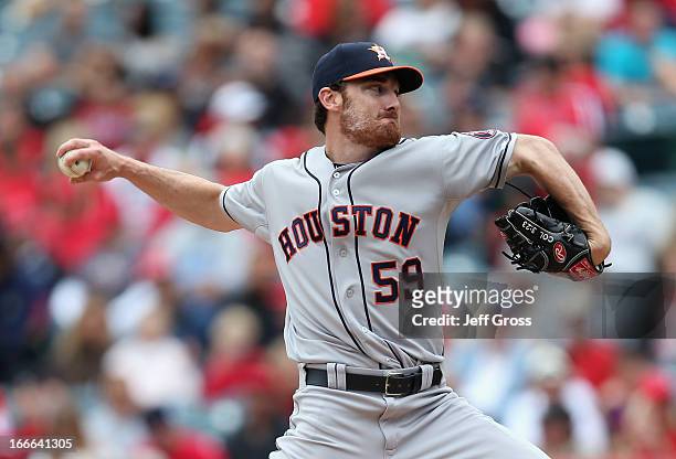 Philip Humber of the Houston Astros pitches against the Los Angeles Angels of Anaheim in the first inning at Angel Stadium of Anaheim on April 14,...