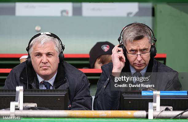 Stuart Barnes and Miles Harrison, the Sky TV rugby commentators look on during the Aviva Premiership match between Leicester Tigers and London Wasps...
