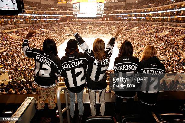 The top 5 contestants Candice Glover, Amber Holcomb, Angie Miller, Kree Harrison and Janelle Arthur attend the Los Angeles Kings vs. The Anaheim...