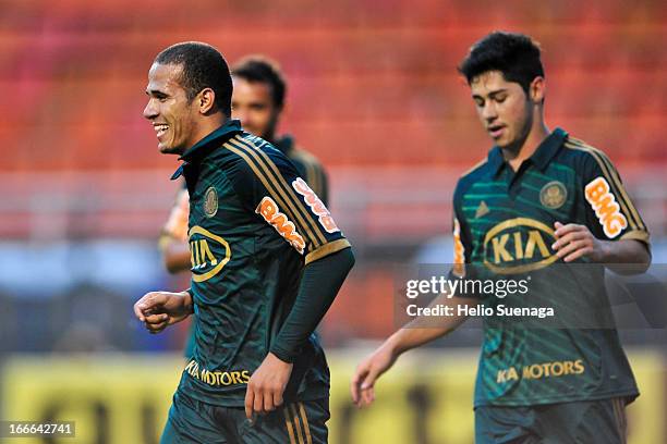 Players of Palmeiras celebrate a goal against Guarani during a match between Palmeiras and Guarani as part of Paulista Championship 2013 at Pacaembu...