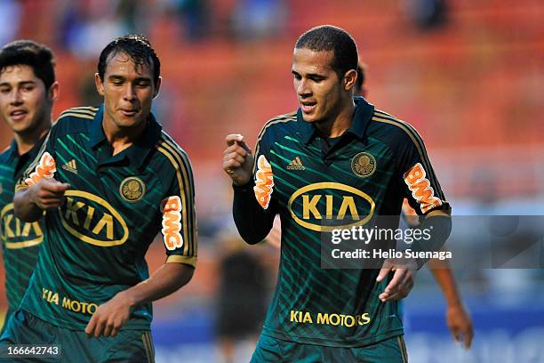 Players of Palmeiras celebrate a goal against Guarani during a match between Palmeiras and Guarani as part of Paulista Championship 2013 at Pacaembu...