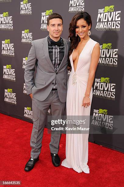 Personalities Vinny Guadagnino and Melanie Iglesias arrive at the 2013 MTV Movie Awards at Sony Pictures Studios on April 14, 2013 in Culver City,...