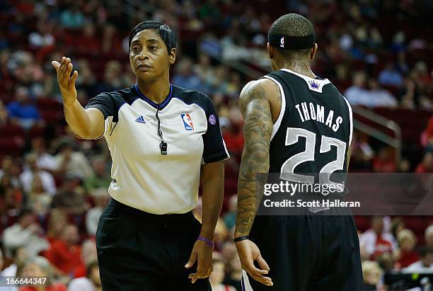 Official Violet Palmer is seen on the court during the game between the Houston Rockets and the Sacramento Kings at the Toyota Center on April 14,...