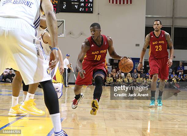 Tony Mitchell of the Fort Wayne Mad Ants dribbles the ball against the Santa Cruz Warriors, during the first round of the NBA D-League playoffs on...