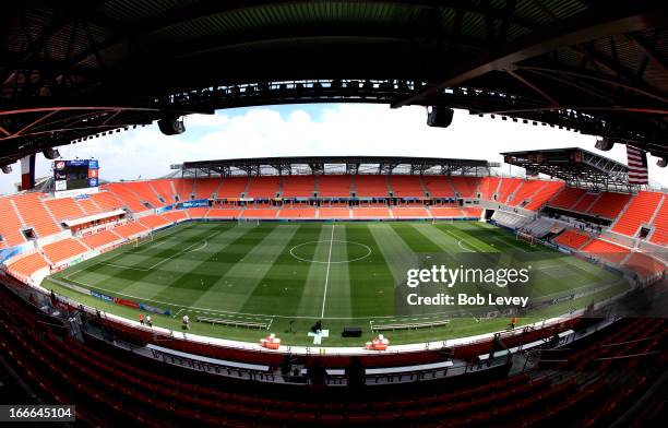 General view of BBVA Compass Stadium as seen through a fish-eye lens before the Chicago Fire play the Houston Dynamo at BBVA Compass Stadium on April...