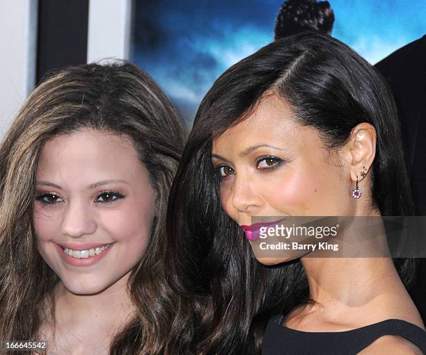 Actress Sarah Jeffery and actress Thandie Newton attend the premiere of 'Rogue' at ArcLight Hollywood on March 26, 2013 in Hollywood, California.